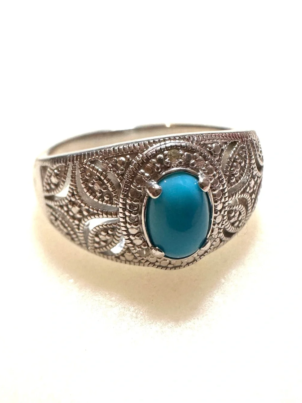 Blue Sleeping Beauty Turquoise Rhodium Over Sterling Silver Halo Ring 0.03ctw